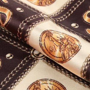 Light Beige And Brown Dollar Pattern Digital Print Japan Satin Fabric