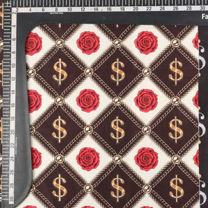 White And Brown Dollar Pattern Digital Print Japan Satin Fabric