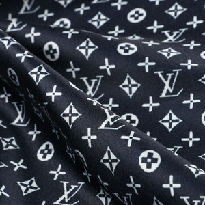 Dark Blue And White Geometric Pattern Digital Print Japan Satin Fabric
