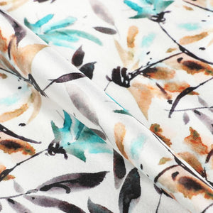 Turquoise And Light Brown Floral Pattern Digital Print Japan Satin Fabric