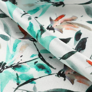 Sea Green And Light Brown Floral Pattern Digital Print Japan Satin Fabric