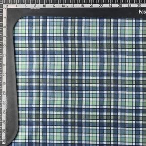 Green And Greyish Blue Checks Pattern Digital Print Japan Satin Fabric