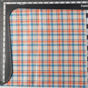 Orange And Blue Checks Pattern Digital Print Japan Satin Fabric