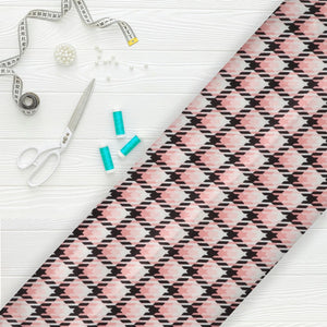 Peachy Pink And White Checks Pattern Digital Print Japan Satin Fabric