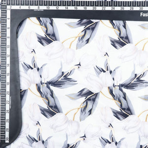 White And Dark Grey Floral Pattern Screen Print Japan Satin Fabric (Bulk)