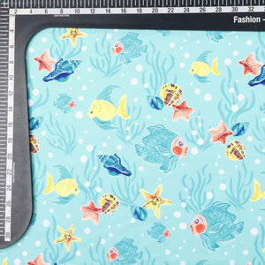 Turquoise And Yellow Kids Pattern Digital Print Lycra Fabric