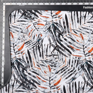 White And Black Leaf Pattern Digital Print Crepe Fabric