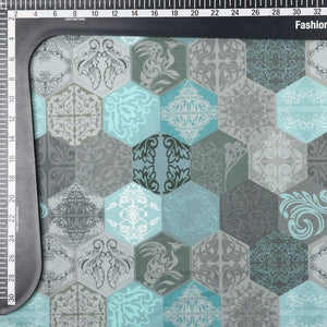 Grey And Dark Turquoise Hexagonal Pattern Digital Print Crepe Fabric