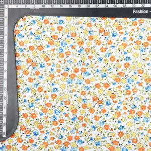 Orange And Blue Floral Pattern Digital Print Crepe Fabric