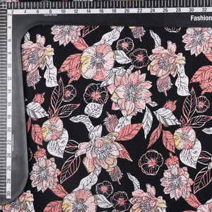 Black And Peach Floral Pattern Screen Print Crepe Fabric