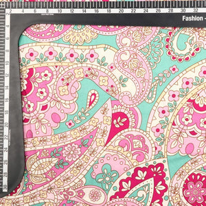 Mint Green And Pink Paisley Pattern Screen Print Micro Crepe Fabric