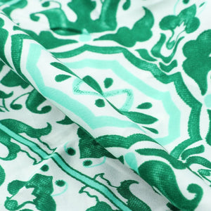 Mint Green And White Traditional Pattern Screen Print Crepe Fabric (Bulk)