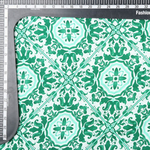 Mint Green And White Traditional Pattern Screen Print Crepe Fabric