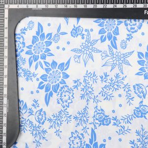 White And Blue Floral Pattern Screen Print Crepe Fabric