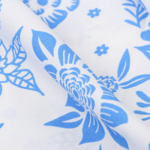 White And Blue Floral Pattern Screen Print Crepe Fabric