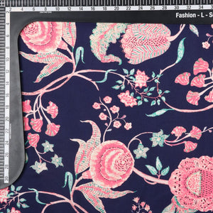 Navy Blue And Pink Floral Pattern Digital Print Rayon Fabric