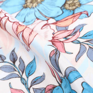 White And Sky Blue Floral Pattern Digital Print Rayon Fabric