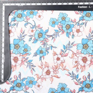 White And Sky Blue Floral Pattern Digital Print Rayon Fabric