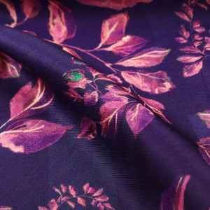 Purple And Peach Leaf Pattern Digital Print Rayon Fabric