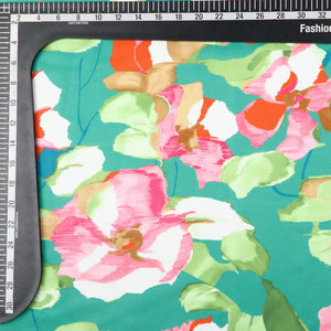 Sea Green And Pink Floral Pattern Digital Print Rayon Fabric