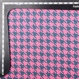 Pink And Greyish Blue Houndstooth Pattern Digital Print Rayon Fabric