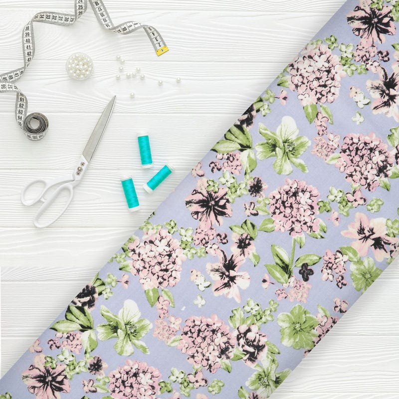 Blue And Green Floral Pattern Screen Print Rayon Fabric – Fabmyntra