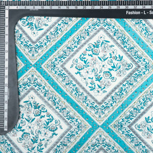 Dark Turquoise And Ivory Traditional Pattern Screen Print Rayon Fabric