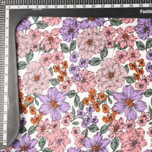 Dusty Lavender And Dark Orange Floral Pattern Screen Print Rayon Fabric