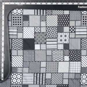 Black And White Patchwork Pattern Digital Print Silk Crepe Fabric