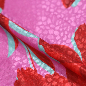 Pink And Red Floral  Pattern Digital Print Satin Jacquard  Fabric