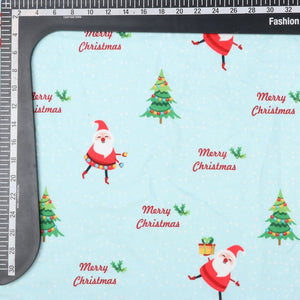 Sky Blue And Red Christmas Pattern Digital Print Velvet Fabric