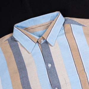 Men's Blue And Brown Stripes Pattern Cotton Shirt