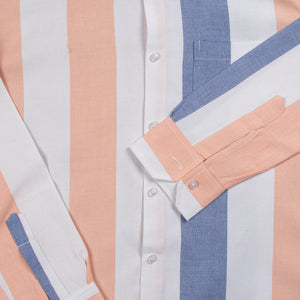 Men's Beige And Blue Stripes Pattern Cotton Shirt