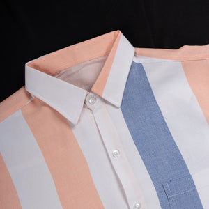 Men's Beige And Blue Stripes Pattern Cotton Shirt