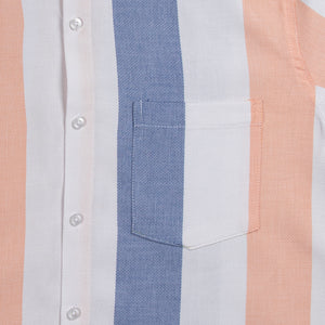 Men's Beige And Blue Stripes Pattern Cotton Shirt