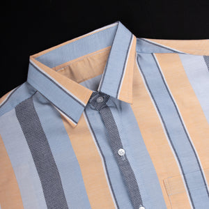 Men's Blue And Beige Stripes Pattern Cotton Shirt