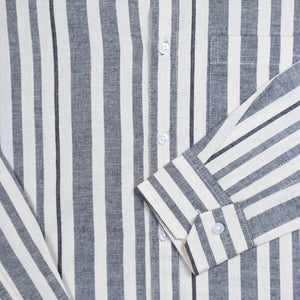 Men's Ivory And Grey Stripes Pattern Cotton Shirt