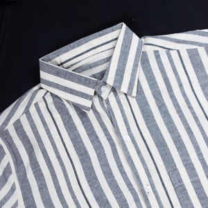 Men's Ivory And Grey Stripes Pattern Cotton Shirt