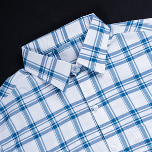 Men's White And Blue Checks Pattern Cotton Shirt