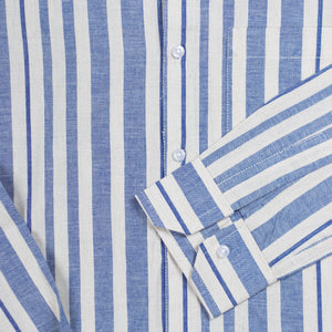 Men's Ivory And Blue Stripes Pattern Cotton Shirt