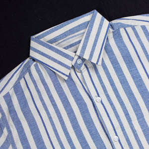 Men's Ivory And Blue Stripes Pattern Cotton Shirt