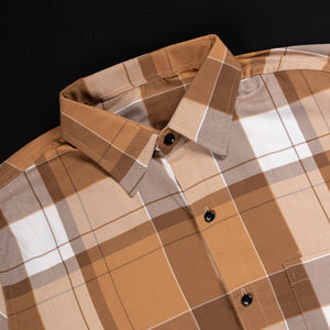 Men's Dark Beige And Brown Checks Pattern Cotton Shirt