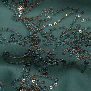 Dark Green Floral Pattern Dyed Embroidery Sequins Georgette Fabric