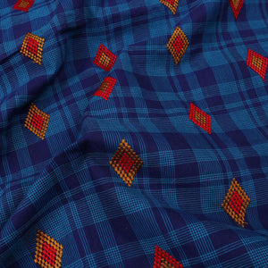 Dark Blue And Orange Checks Pattern Dyed Embroidery Cotton Fabric