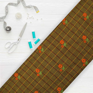 Olive Green And  Orange Checks Pattern Dyed Embroidery Cotton Fabric