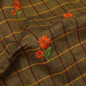 Olive Green And  Orange Checks Pattern Dyed Embroidery Cotton Fabric