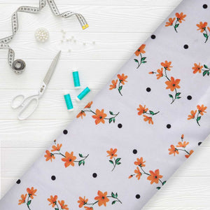 White And  Saffron Floral Pattern Digital Print Ultra Satin Fabric