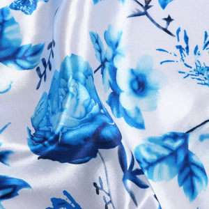 White And Sky Blue Botanical Pattern Digital Print Ultra Satin Fabric