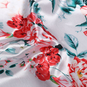 Off White And  Red Floral Pattern Digital Print Ultra Satin Fabric