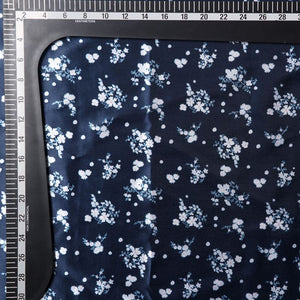 Dark Navy Blue And  White Floral Pattern Digital Print Ultra Satin Fabric